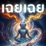 Surreal spiritual sci-fi illustration: นักบินอวกาศทำสมาธิในจักรวาล แสดงถึงการฝึกจิตเพื่อเข้าถึงความเฉยๆ และการปล่อยวางตัวตน ผ่านสัญลักษณ์คลื่นพลังงานและคริสตัลที่แตกสลาย