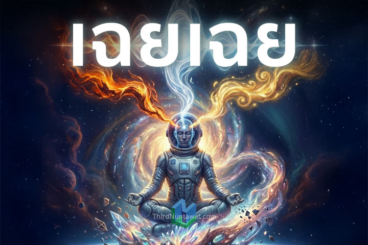 Surreal spiritual sci-fi illustration: นักบินอวกาศทำสมาธิในจักรวาล แสดงถึงการฝึกจิตเพื่อเข้าถึงความเฉยๆ และการปล่อยวางตัวตน ผ่านสัญลักษณ์คลื่นพลังงานและคริสตัลที่แตกสลาย